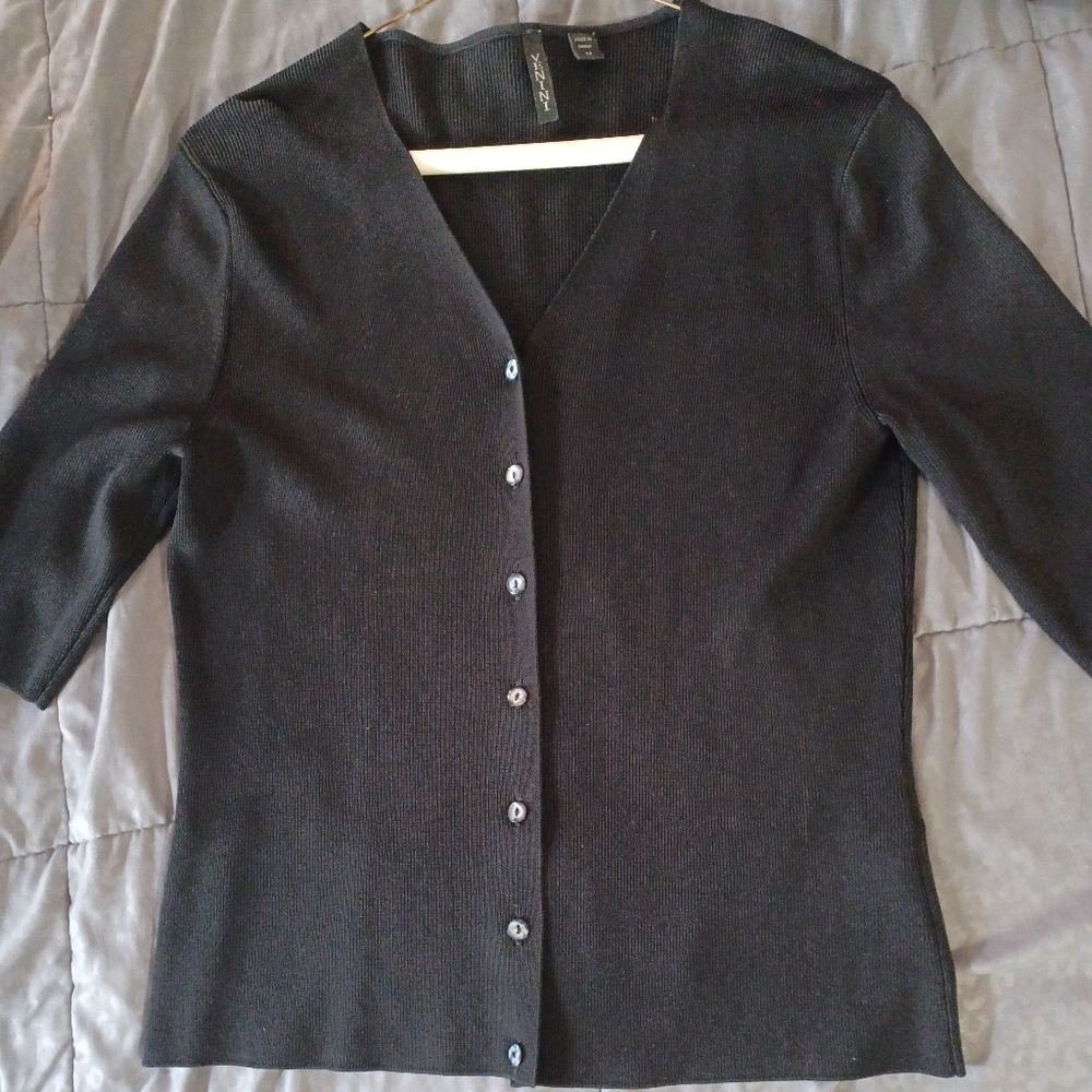 Venini Cardigan Sweater M Black Button Down Ribbed Classic Rayon Blend Career
